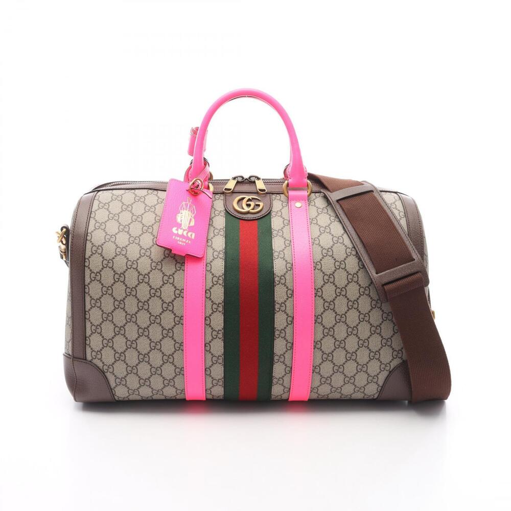 Gucci Duffle Bag GG Supreme Boston Canvas Leather Brown Pink Multicolor